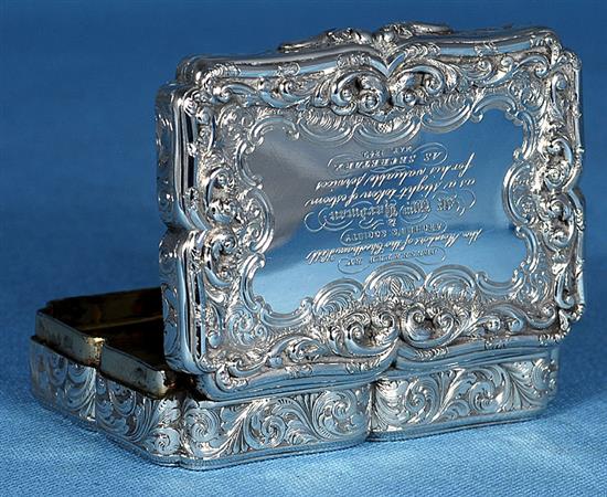 A good early Victorian silver table snuff box in original fitted case, Length 85mm mm Width 60mm Weight 4.7oz/135grms